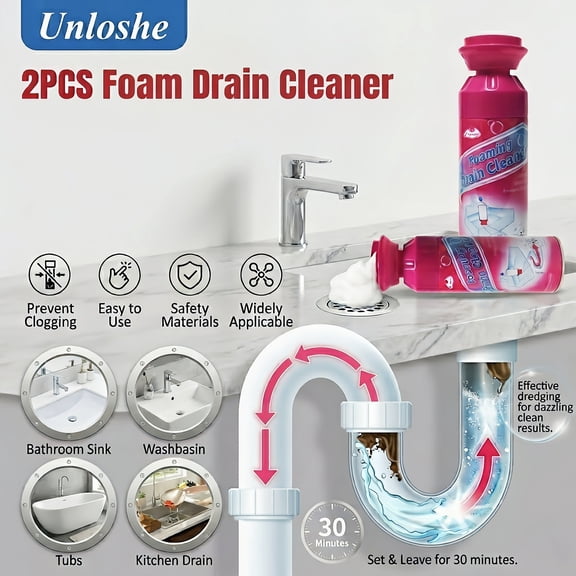 Drain Cleaner, Foaming Drain Cleaner and Deodorizer, Drains Clog Remover for Bathroom Sinks, Washbasin, Tubs (2 PCS)