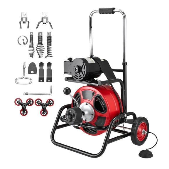 Drain Cleaner Machine 100ft x 3/8in, Auto Feed Sewer Snake, Portable Drain Auger with Climbing Wheels, 8 Cutters for 2-4 Inch Pipes