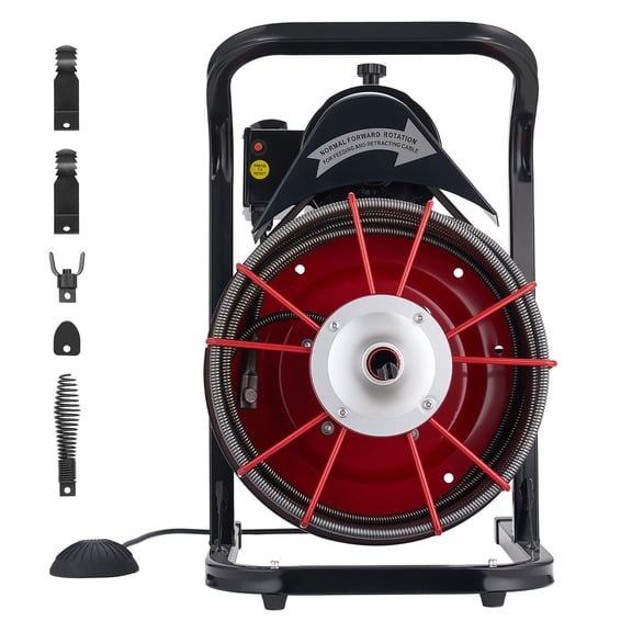 Drain Cleaner Machine 50 FT x 1/2 Inch Sewer Snake Auger Manual Feed with 4 Cutters and Air Activated Foot Switch for 2 to 6 Inch Pipes