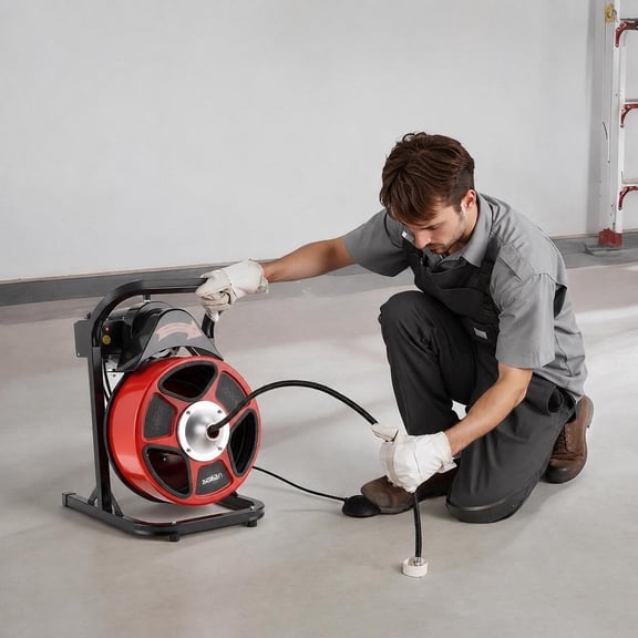 Drain Cleaner Machine, 50 Ft Manual Feed, 1/2 Inch Steel Cable, 4 Cutters, Air-Activated Foot Switch, For 2 to 6 Inch Pipes