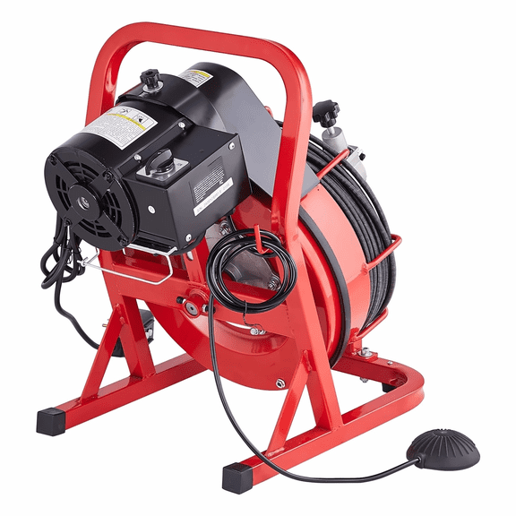 Drain Cleaner Machine 50FT x 3/10 Inch, Electric Sewer Snake Auger with 4 Cutters & Foot Switch for 2-4 Inch Pipes - Auto Feed Drain Cleaning