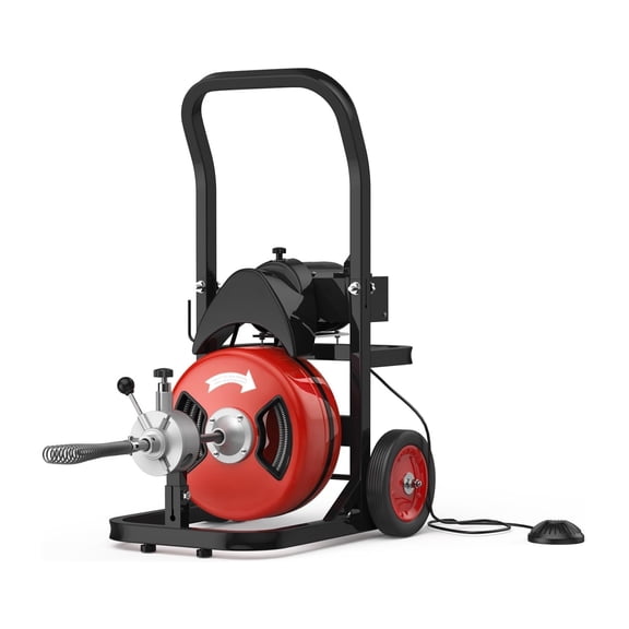 Drain Cleaner Machine, 75/100FT Drain Cleaning Machine Sewer Auger Auto Feed with 4 Cutter & Air-activated Foot Switch for 2" to 4" Pipes