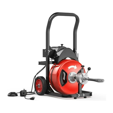 Drain Cleaner Machine, 75/100FT Drain Cleaning Machine Sewer Auger Auto Feed with 4 Cutter & Air-activated Foot Switch for 2" to 4" Pipes