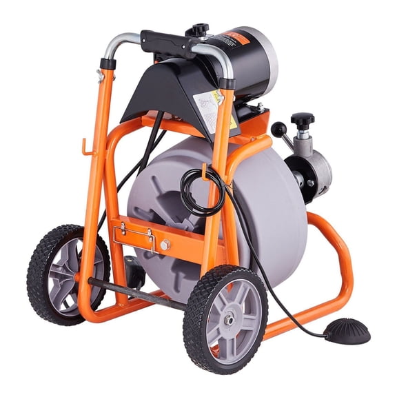 Drain Cleaner Machine 75FT x 3/8 Inch, Sewer Snake Auger with 8 Cutters, Auto Feed Drain Cleaning Machine on Wheels for 2-4 Inch Pipes