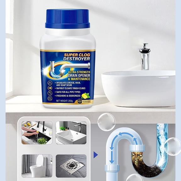 Drain Cleaner Powder, 260g Fast Acting Pipe Clog Remover for Kitchen Sinks, Bathroom Showers & Toilets, Dissolves Hair, Grease & Soap Scum Fast, Leaves Fresh Lemon Scent, Safe for Pipes