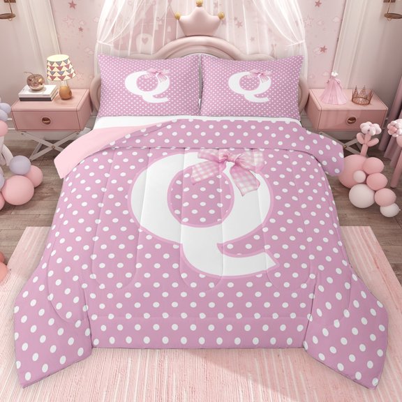 Erosebridal Personalized Initial Q Full Size Comforter Sets for Girls, Pink Bowtie Polka Dots Bedding Sets, Pink Reversible 3pcs, 1 Comforter and 2 Pillowcases