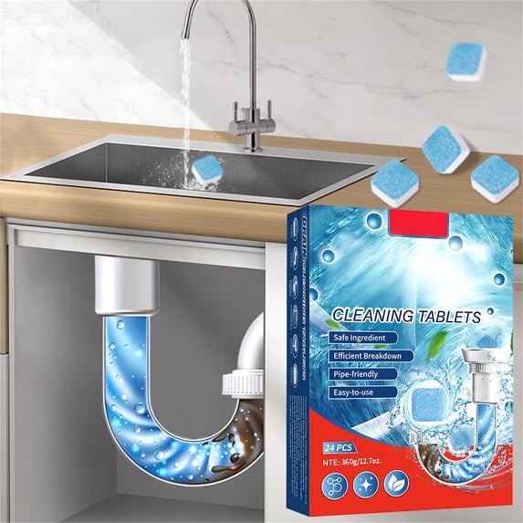 Drain Cleaner Tablets, Rvkxad Extremely Strong Sewer Cleaner Effervescent, Gentle on Pipes Powerful Wastewater Purifier, 24pcs 360g for Kitchen Sink Toilet Bathtub Floor Drain
