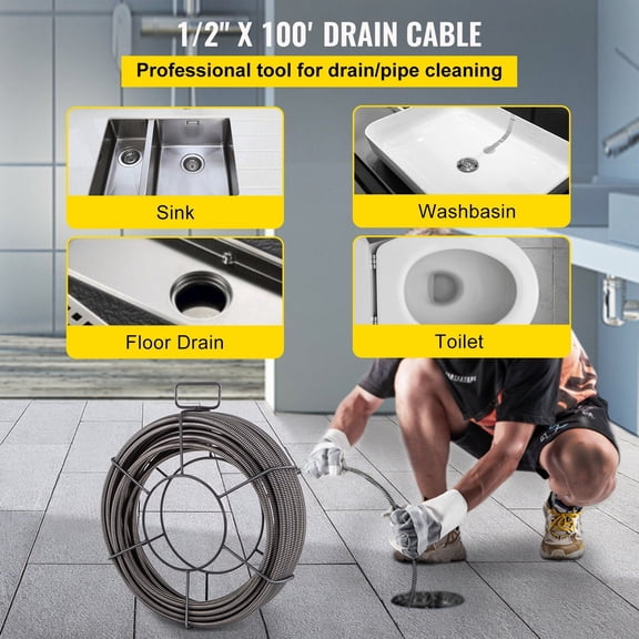 Drain Cleaning Cable 100 Feetx1/2"Solid Core Cable Sewer Cable Drain Auger Cable Cleaner Snake Clog Pipe Drain Cleaning Cable Sewer Drain Auger Snake Pipe