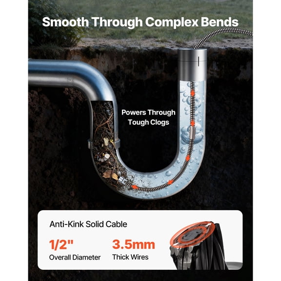 Drain Cleaning Cable 75 Feet x 1/2 Inch Solid Core Sewer Auger Snake for Clogged Pipe Cleaner