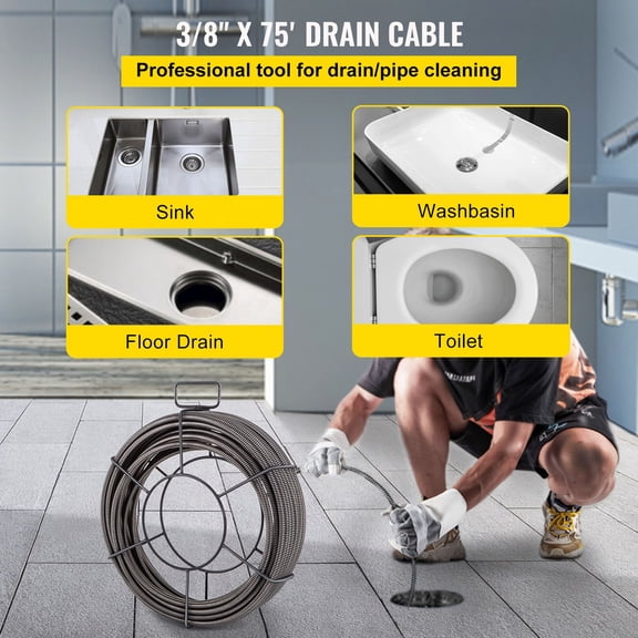Drain Cleaning Cable 75 Feetx3/8"Solid Core Cable Sewer Cable Drain Auger Cable Cleaner Snake Clog Pipe Drain Cleaning Cable Sewer Drain Auger Snake Pipe