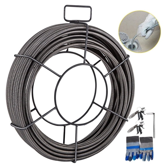 Drain Cleaning Cable 75 ft x 1/2 Inch - Sewer Snake Auger Cable Cleaner - Solid Steel Cable for 2-4 Inch Pipes with 4 Cutters