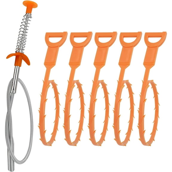 Drain Clog Remover Tool, Includes 5 Plastic and 1 Stainless Drain Snakes, Effectively Clean Hair and Other Clog for Toilet, Kitchen Sink, Bathroom Tub, 6 Pack