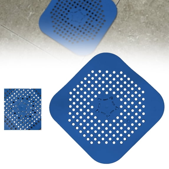 Drain Cover Hair Catcher Pad, Silicone Tube Trap Shower with Sucker for Bathroom Kitchen, 5.5" Flat Square Rubber Strainer Plug Filter Bathtub Sink Home Drain Protectors, Blue