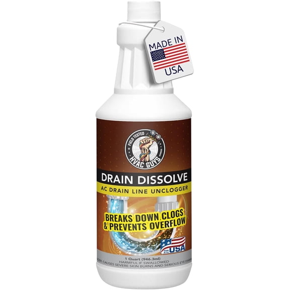 Drain Dissolve | AC Drain Line Cleaner & Unclogger | Heat Generating Alkaline Formula | Prevents Overflow | Clears Hair, Grease, Gunk - 32oz