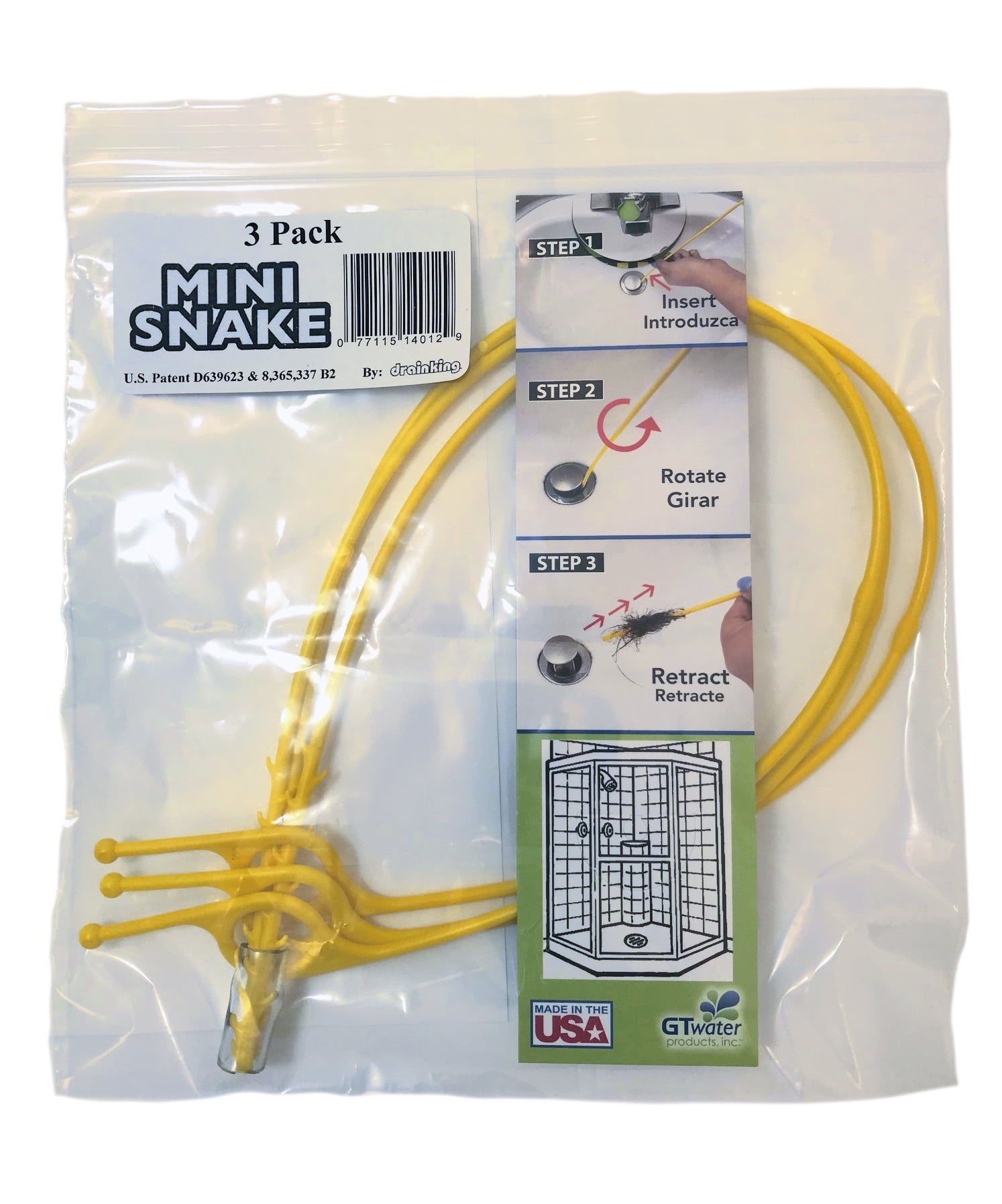 Drain King DKMS 3Pack Mini Snake Bath Sink & Shower Hair Clog Remover