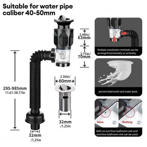 Drain Pipe Kit, Flexible P-Trap with Seals, Black, 1 Set