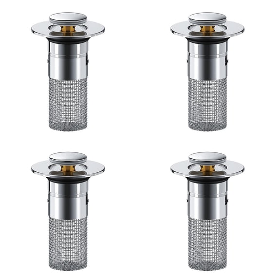 Drain Plug with Removable Stainless Steel Filter Basket, 4Pc Bathroom Sink Stopper with Hair Catcher, Anti-Clog Brass Core Strainer for Basin, Shower, Tub, Fits 1.18"Drains, Silver
