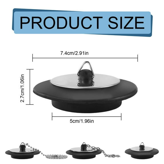 Drain Plug Replacement for Kitchen Sink Bathroom Tub 1.97 Inch Black Rubber Stopper 42-50Mm Drain Opening, 2 Drain Plug with 10cm chain