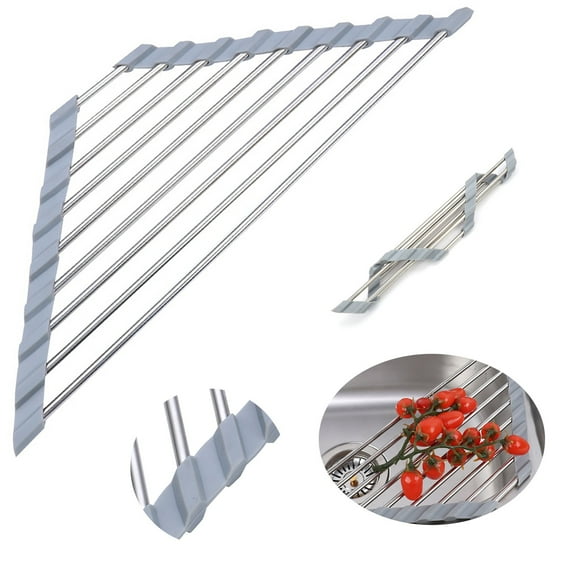 Kitchen Drain Rack - Triangle Dish Drying Rack For Corner Roll Up Design with Folding Stainless Steel Multipurpose Over The Dish Drainer Mat