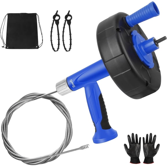 Drain Snake, 25FT Drain Auger with Drill Adapter, Flexible Steel Sink Snake for Hair Clog Removal - Manual or Powered for Bathtub, Shower & Sink Blue