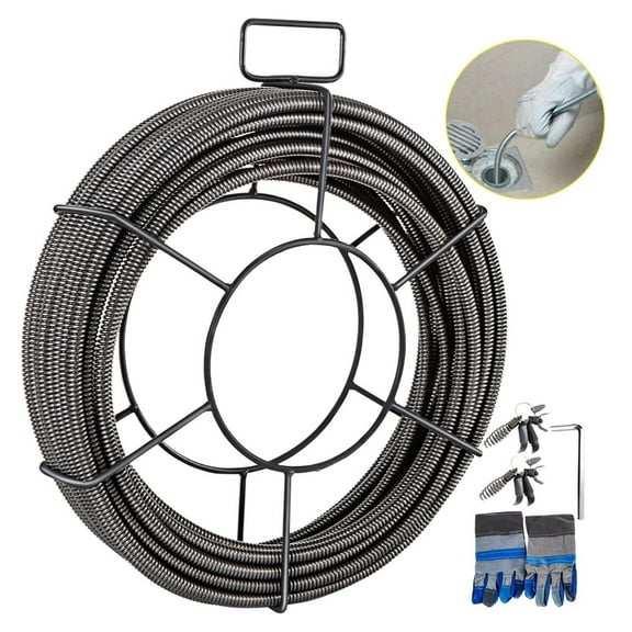 Drain Snake 75ft x 3/8in Sewer Cable Auger - Solid Core Drain Cleaner Cable for 2-4in Pipes, Drain Clearing Tool with 4 Cutters