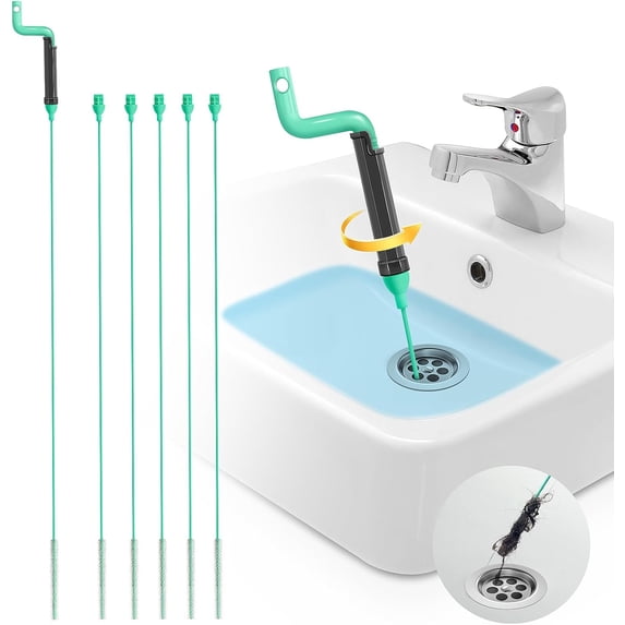 Drain clog removal tool - 30-inch break-resistant steel sink snake hair drain cleaner, with rotating handle and 6 refillable pipe snakes, for shower, toilet, kitchen sink, bathtub drain hair remover.