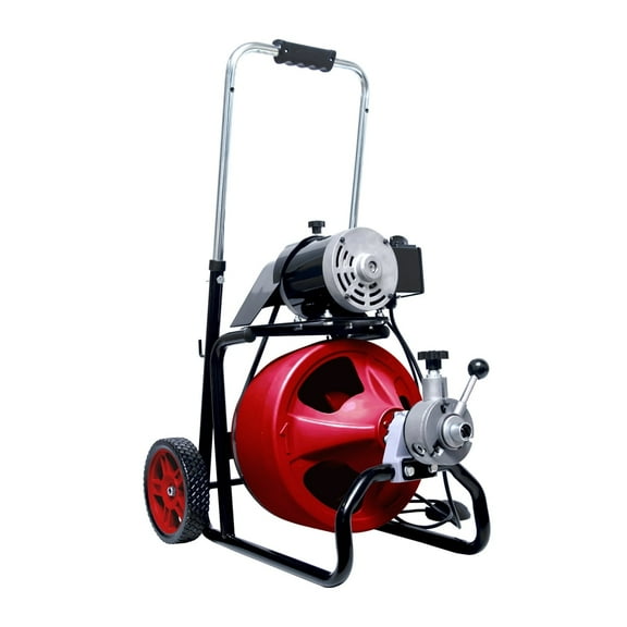 DrainMaster Pro Electric Sewer Snake Auger - 50FT x 3/8 Inch, Auto Feed, 8 Cutters, Heavy Duty Drain Clog Remover for Home & Commercial (Red)