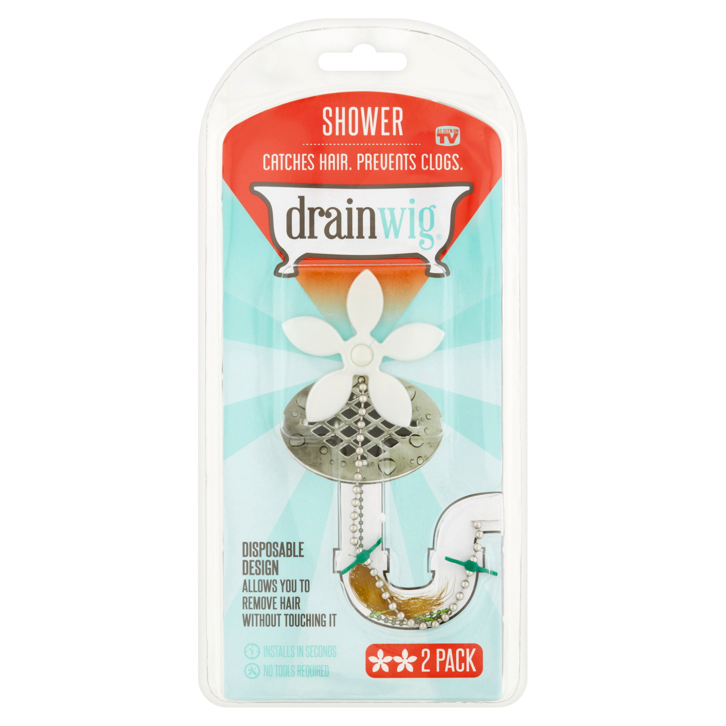 Drain Wig - Shower Drain (2 Pack), Never Clean A Clogged Drain Again, Hair Strainer, Hair Snare, As Seen on Shark Tank