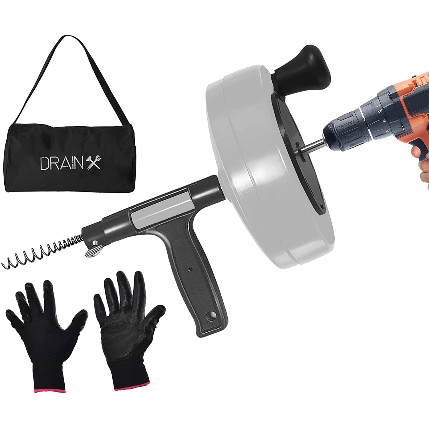 DrainX Heavy-Duty-Steel Pro Drum Drain Auger, 50 Ft., Manual or Drill Powered, with Work Gloves and Storage Bag, EHX1-1019-B