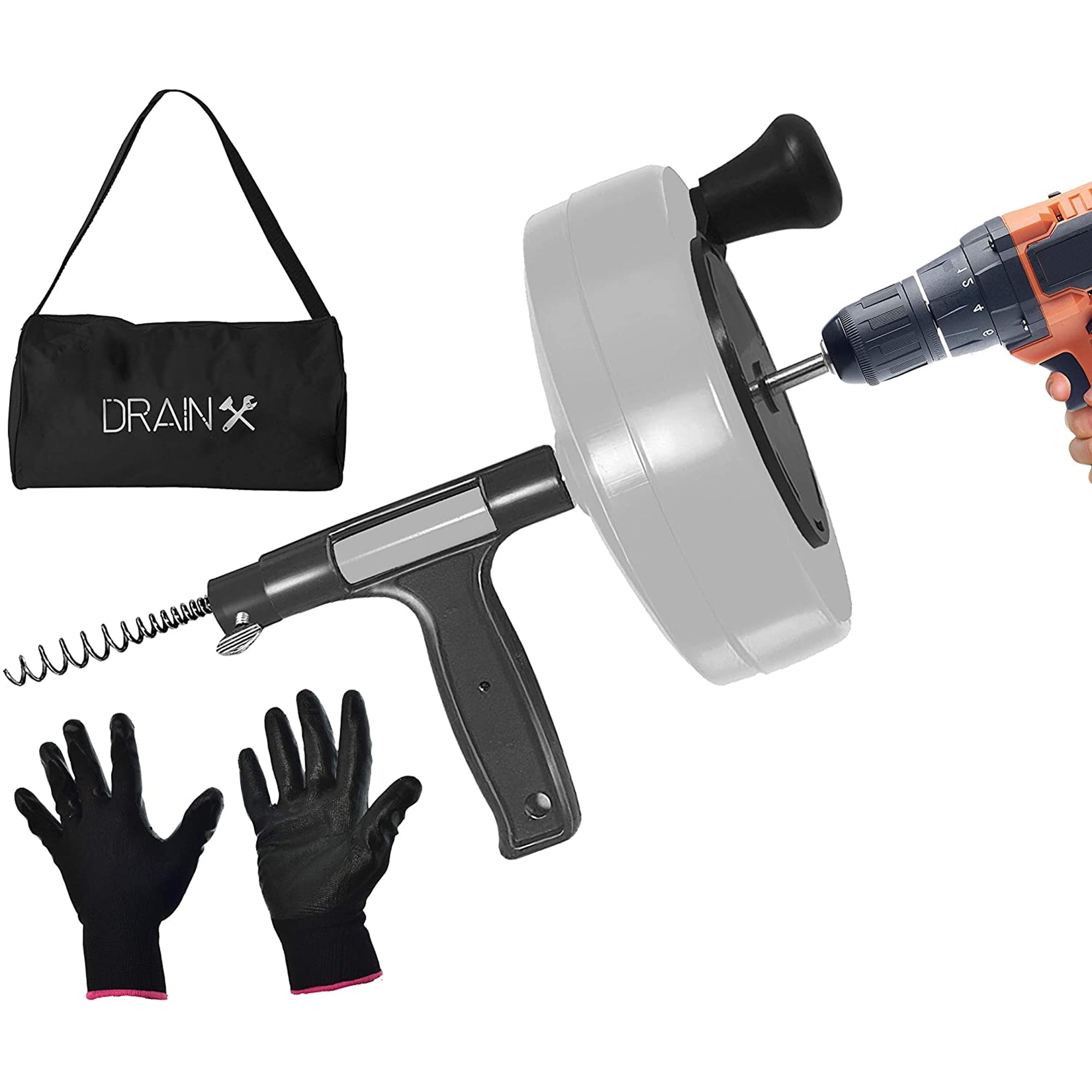 Drainx Pro Steel Drum Auger Plumbing Snake Heavy Duty 25-ft Drain Cable with Work Gloves and Storage Bag