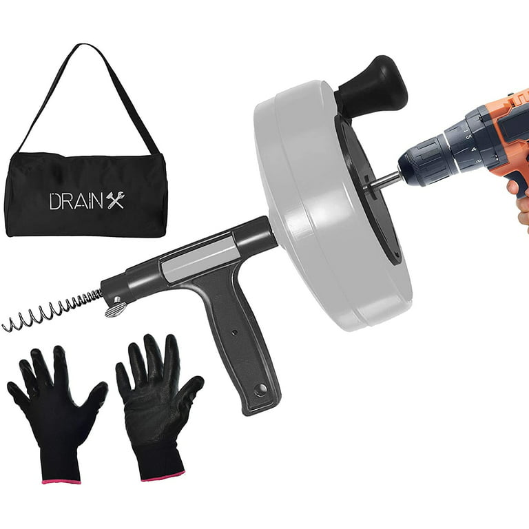 DrainX Drain Auger Pro | Heavy Duty Steel Drum Plumbing Drain Snake with  25-Ft Drain Cleaning Cable | Comes with Work Gloves and Storage Bag