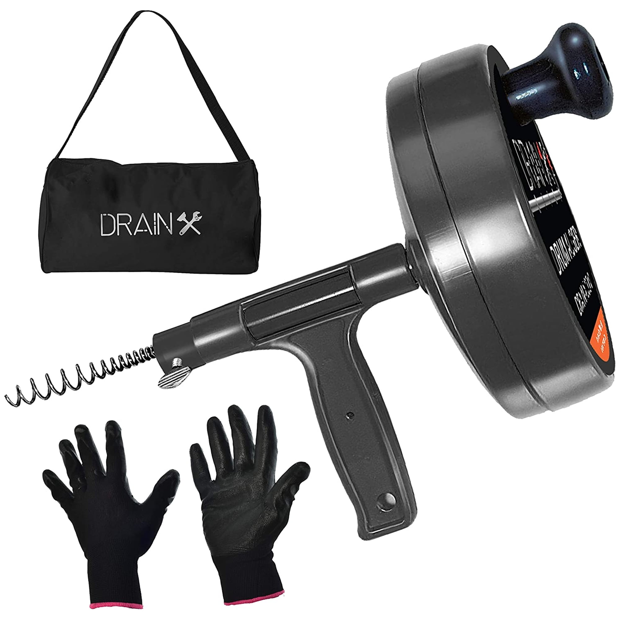 DrainX Pro, 25ft, Black Manual Steel Drain Snake, Heavy Duty Drum, Includes Work Gloves, Storage Bag