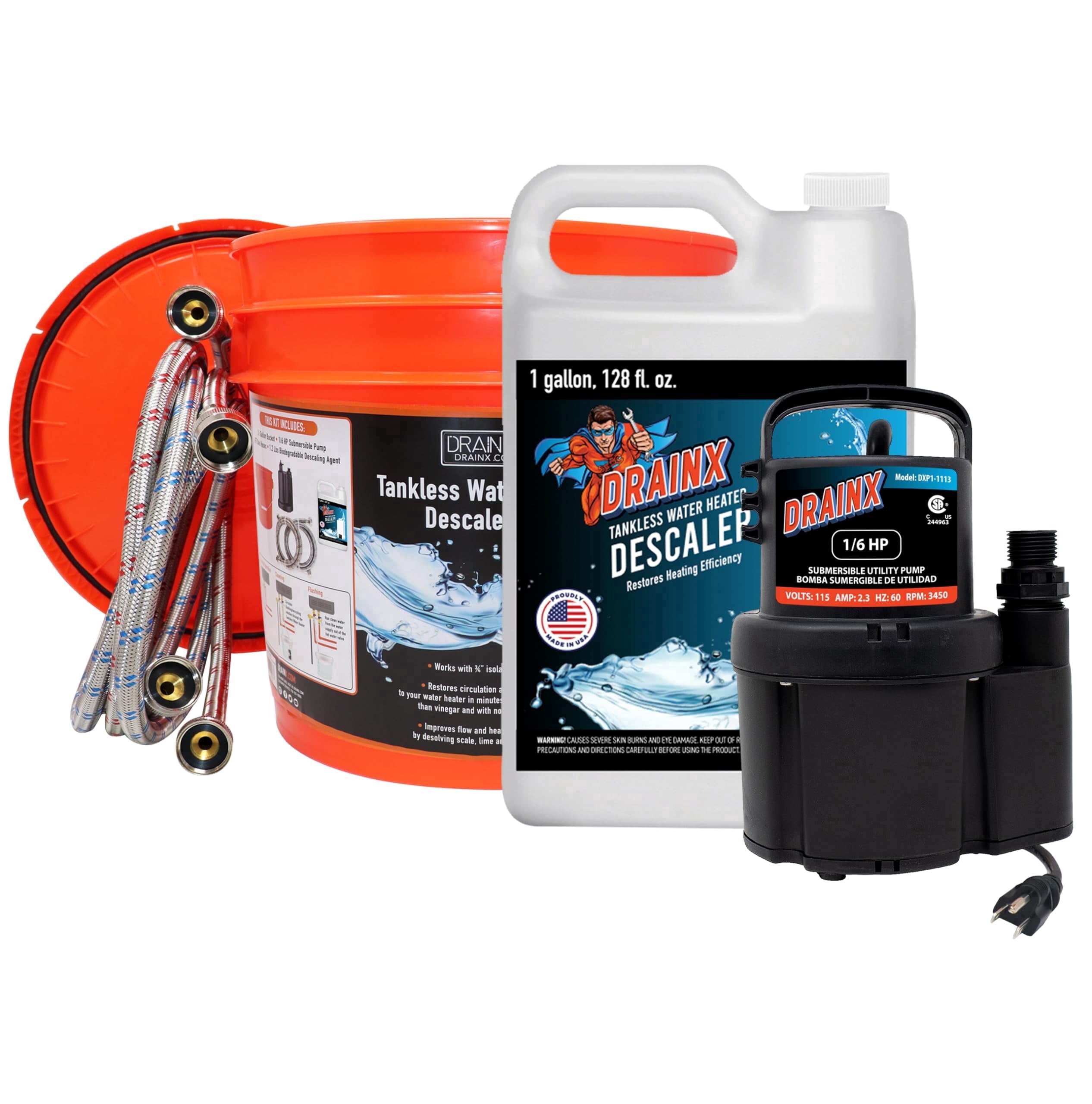 DrainX Tankless Water Heater Flush Kit with 1 Gallon Descaling Solution, 1/6 HP Pump and 6 ft Hoses