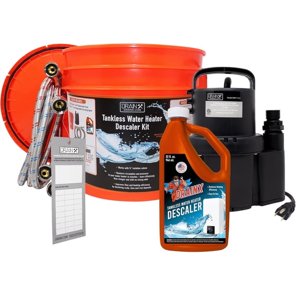 DrainX Tankless Water Heater Flushing Kit with Eco-safe Liquid Descaler Solution, Steel Hoses, 1/6HP Extra Strength Pump