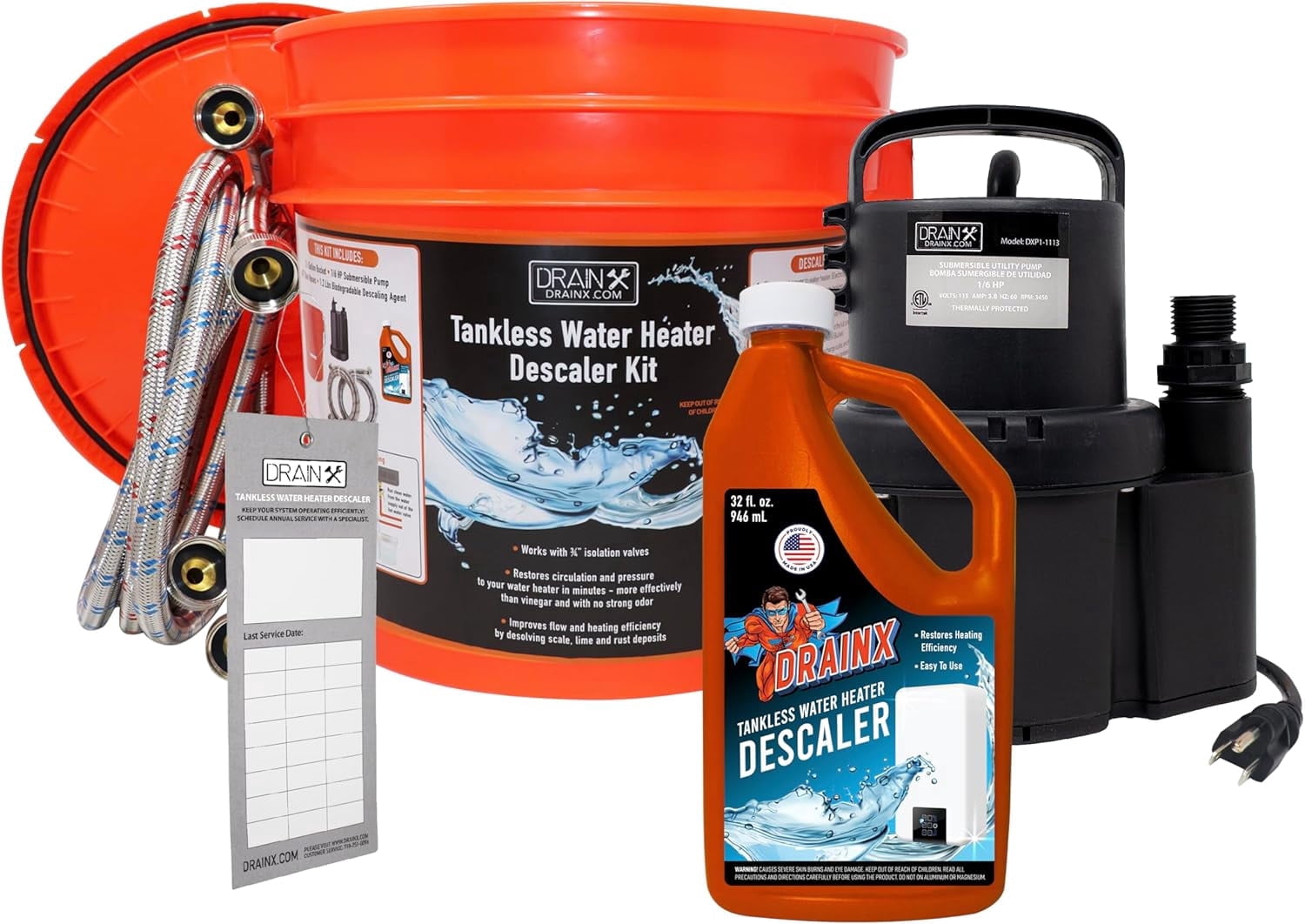 DrainX Tankless Water Heater Flushing Kit with Eco-Safe Descaler Solution, 1/6 HP Pump, Steel Hoses