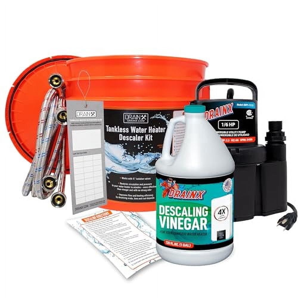 DrainX Tankless Water Heater Flush Kit with Vinegar Descaler Solution, Dilutable to 4 Gallons, Cleaning Kit for Tankless Heaters