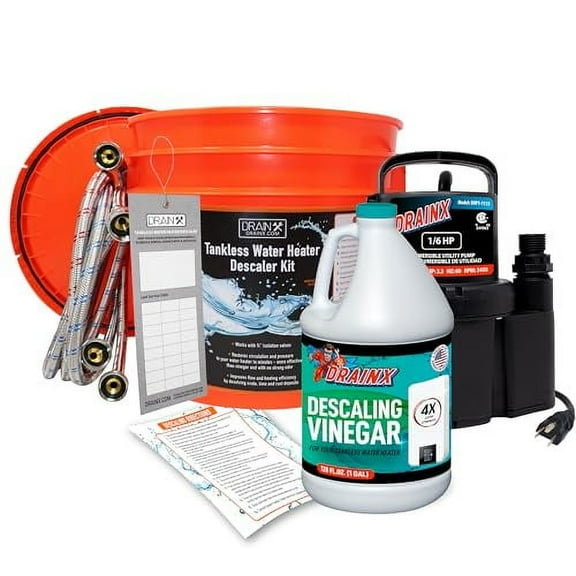 DrainX Tankless Water Heater Flushing Kit with Gallon Concentrated Vinegar, Dilute to 4 Gallons