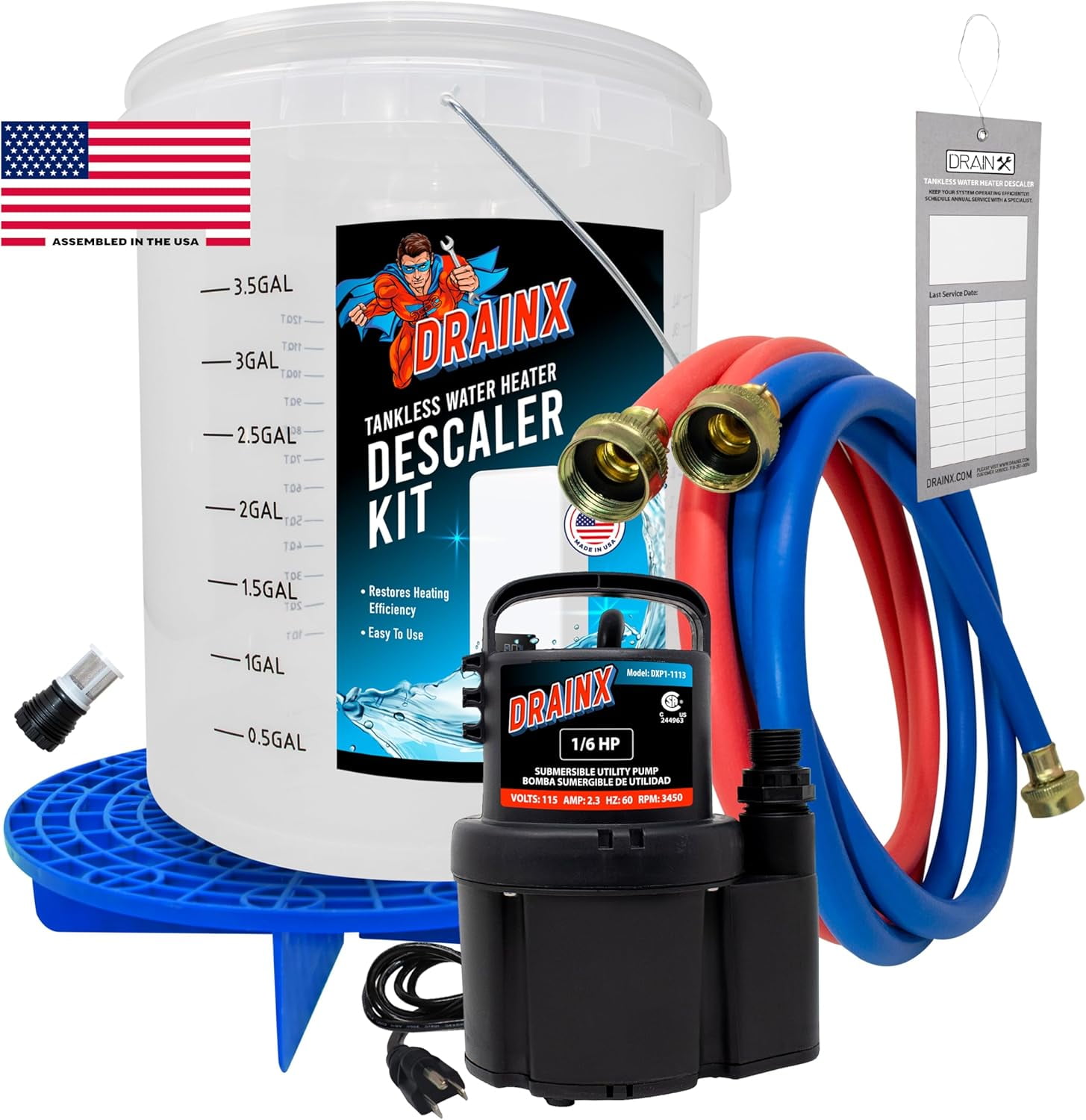 DrainX Tankless Water Heater Flushing Kit with Pump, Hoses,