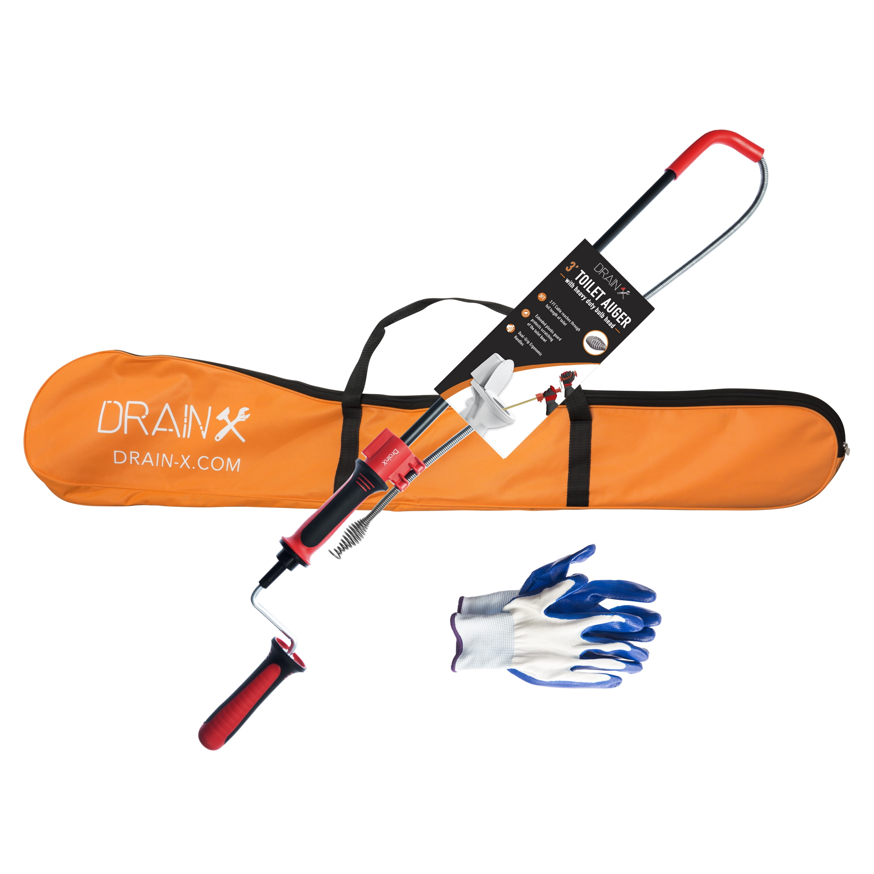 Drainx® Toilet Auger Plumbing Snake, 3 Ft., With Heavy-duty Bulbhead,  Gloves, And Storage Bag : Target