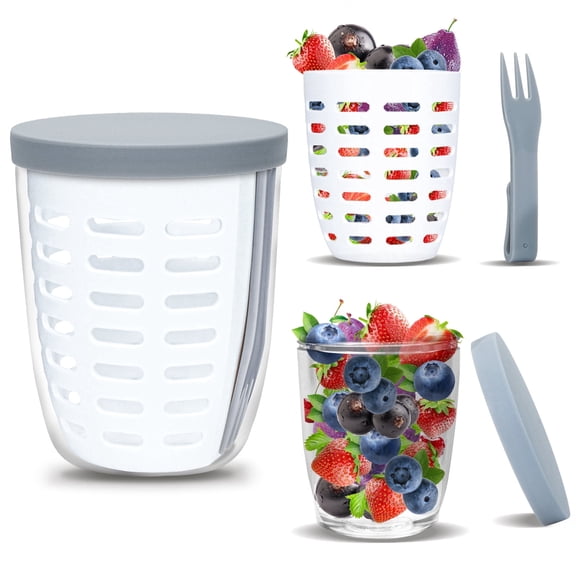 Drainable Salad Fruit Cups with Lid & Fork, 21.9 Oz Airtight Food Storage Overnight Oats Container Jars, Reusable Breakfast Yogurt Parfait Cups for Oatmeal Kitchen Office Camping (White)