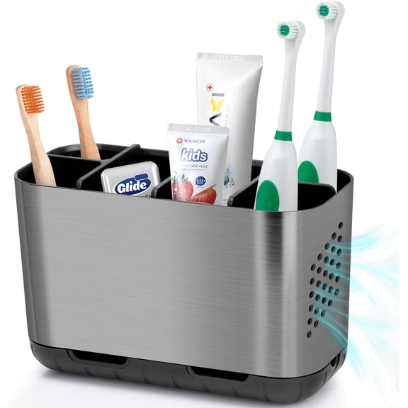 Drainage Toothbrush Holder for Bathroom Countertop – Adjustable Dividers, Anti-Slip, Rustic Caddy Organizer for Toothpaste, Shower, Family, Kids