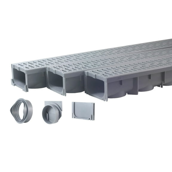 Drainage Trench, Channel Drain With Grate, Gray Plastic - 3 x 39" - (117" Total)