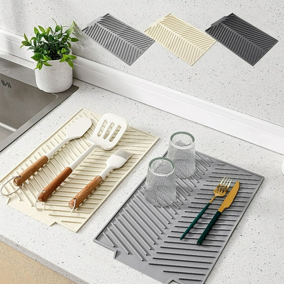 Draining Board Mat | Large Silicone Drying Mat | Foldable Pot Mat | Dishwasher Safe Trivet | Quick Dry Ventilated Kitchen Pad | Non-slip | 15x9.8in | Gray, Dark Gray, Beige | 1PC