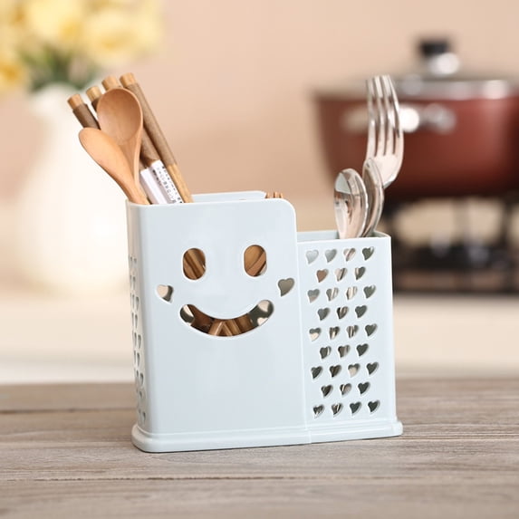 Draining Cutlery Caddy, Tableware Storage Bucket with Round Holes, Compact Kitchen Utensil Drainer, Countertop Silverware Organizer for Home and Outdoor Camping Use