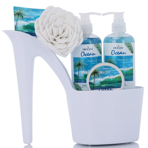 Draizee Heel Shoe Spa Gift Set Clean Ocean Scented Bath Essentials Gift Basket with Shower Gel, Bubble Bath, Body Butter, Body Lotion and Soft EVA Bath Puff Luxurious Home Relaxation Gifts for Women