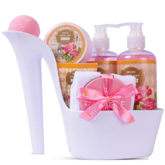 Draizee Luxury Heel Shoe Spa Gift Basket for Women, 8-Piece Rose Scented Body Care Set with Shower Gel, Bubble Bath, Body Butter, Body Lotion, Towel and Mirror