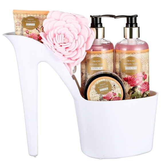 Draizee Heel Shoe Spa Gift Set – Rose Scented Bath Essentials Gift Basket With Shower Gel, Bubble Bath