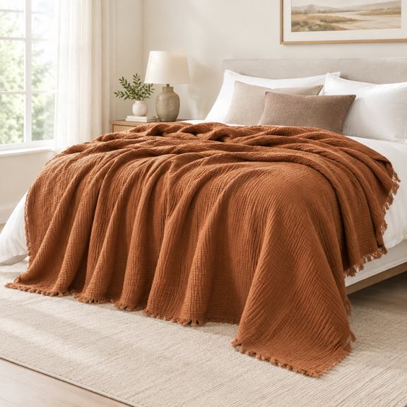 Drak Orange Super King 4-Layer Gauze Fringed Cotton Bed Throw Blanket