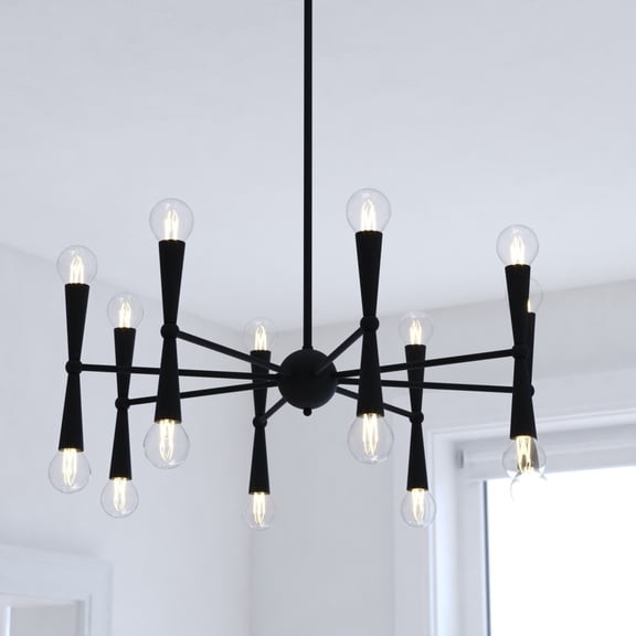 Drake 16-Light 29 in. Wide Matte Black Mid-Century Modern Chandelier, Adjustable Height Hanging Ceiling Pendant Fixture