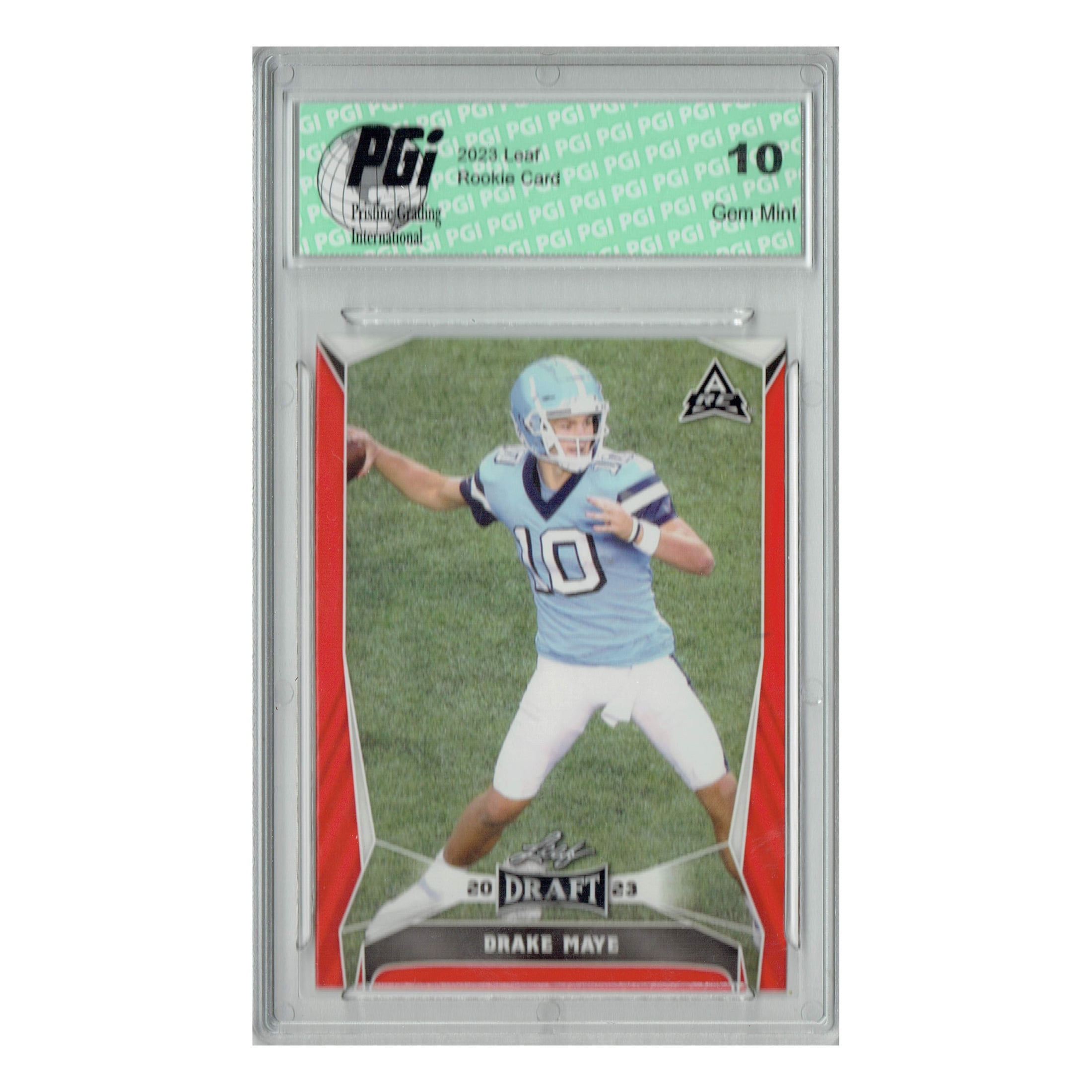 Drake Maye 2023 Leaf Football #34 Red SP Rookie Card PGI 10 Patriots
